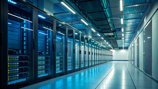 Data center hallway with rows of glowing server racks behind glass doors and overhead lighting. data, center, server, technology