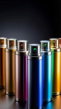 Colorful anodized aluminum bottles in gradient colors standing against dark backdrop with shiny surface showing reflections in vibrant hues