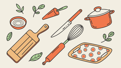 Colorful Illustrated Kitchen Utensils and Food Ingredients.