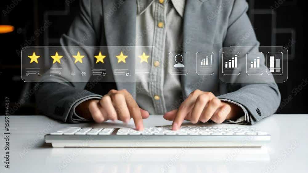 Leinwandbilder Person typing on keyboard with five star rating and graph icons hovering above the keyboard area