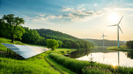 Obraz premium Renewable energy landscape with solar panels and wind turbines near a tranquil lake at sunrise, solar, panels, wind, turbines, renewable, energy