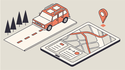 Isometric Illustration of a Car on a Road with GPS Navigation on Tablet.
