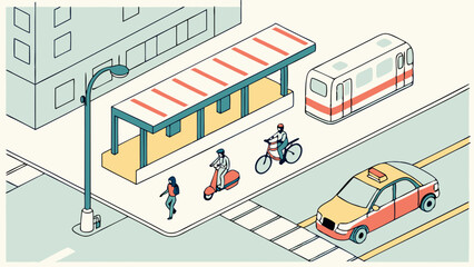Isometric City Street Scene with Transportation and Pedestrians.