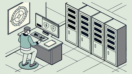 Isometric illustration of a cybersecurity worker in a server room.
