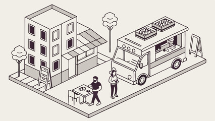 Isometric Illustration of a Food Truck and Customers in a City.