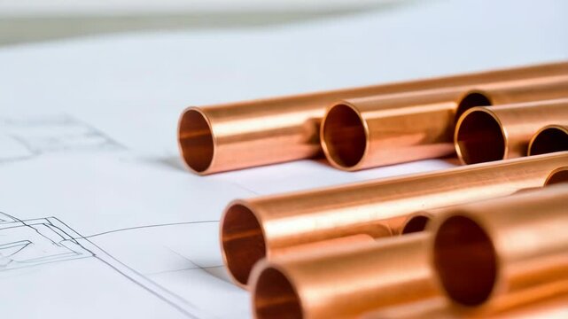 Close up of multiple shiny copper pipes organized on top of a blueprint, engineering and construction materials concept.