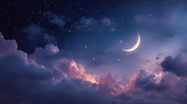 A stunning night sky featuring a crescent moon and twinkling stars, with soft clouds creating a dreamy backdrop. Ideal for Ramadan themes, with ample space for text.