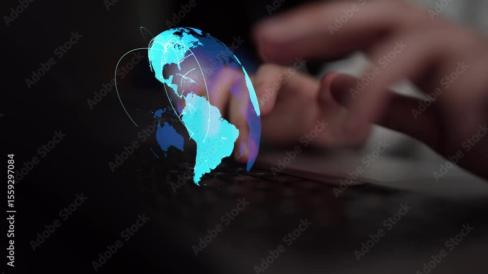 Poster global network connection visualization showing data exchange, digital link, worldwide communication