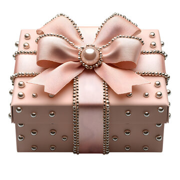 A birthday gift box with a bow made of satin ribbon, pearl embellishments, photorealistic, isolated on a white background