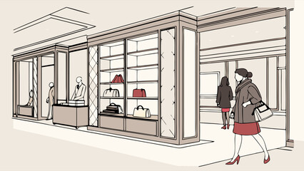 Shoppers and Staff in a HighEnd Clothing and Accessories Store Illustration.