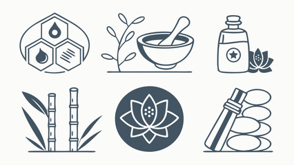 Spa and Wellness Line Icons Essential Oils Bamboo Lotus and More.