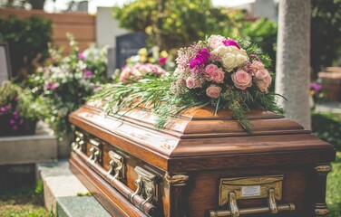 Wooden burial coffin adorned with flowers in serene cemetery setting