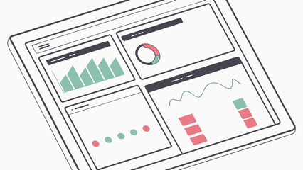 Tablet Displaying Business Analytics Dashboard with Charts and Graphs.