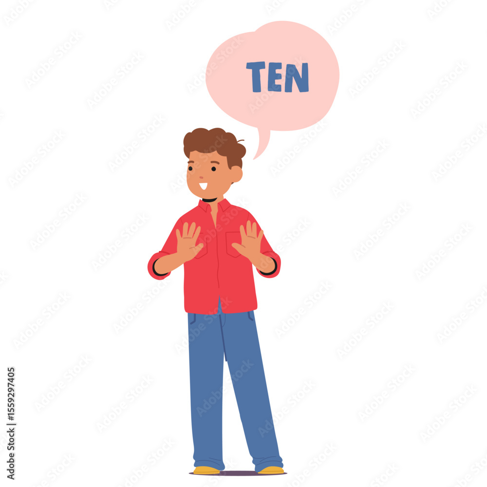 Poster handsome boy pupil cartoon character gesturing number ten enjoying learning with game and fun