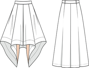 Pleated skirt sketch, front and back view, high-low hem design, A-line silhouette, waistband detail, asymmetrical cut, fashion technical drawing, garment template, stylish apparel
