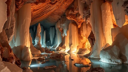 Surreal Cave Interior with Rock Formations and Reflections - Atmospheric Landscape for Fantasy Art, Travel Photography, and Geological Exploration Concepts