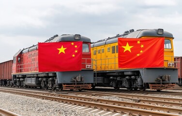 Obraz premium Freight wagons displaying China and Iran flags on railway tracks under natural daylight