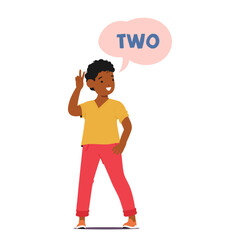 Primary age kid cartoon boy character showing number two gesturing with hand isolated on white