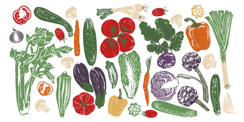 Different vegetables linocut vector illustration with grunge texture. Harvest, autumn woodcut illustration isolated. Set of local vegetables with grainy texture
