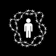 Man with barbed wire around him as metaphor for male loneliness epidemic, social disconnection or safe zone. Avoidance, isolation and defense. Vector illustration.