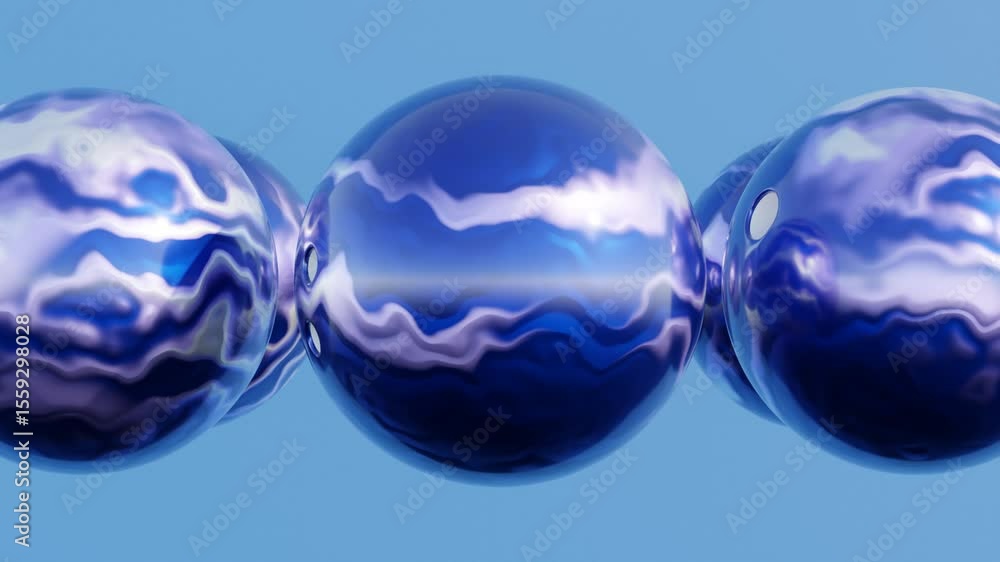Poster colorful 3d bowling balls spinning continuously in dynamic circular motion on a vivid blue backgroun