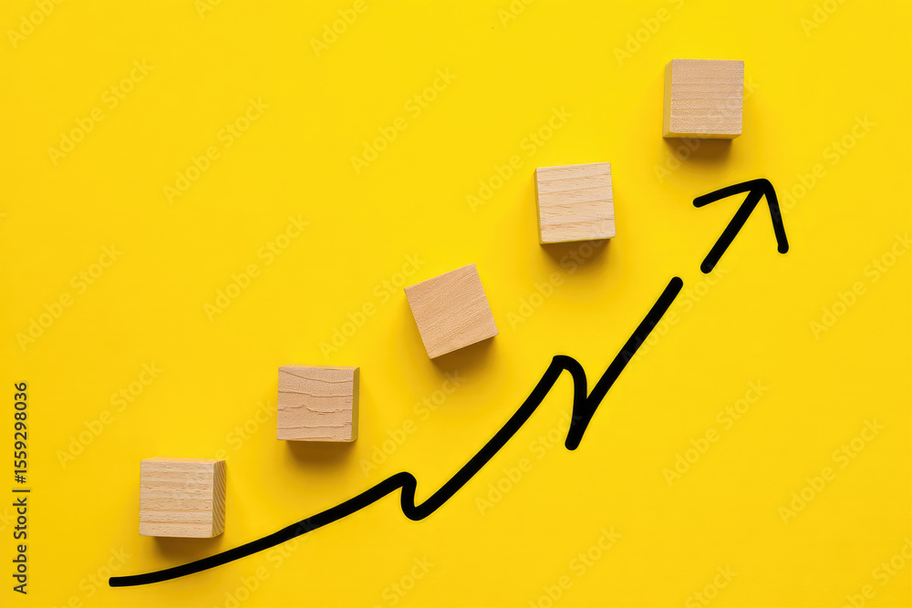 Aufkleber building blocks to success a conceptual image of wooden cubes arranged in an upward trend with a han