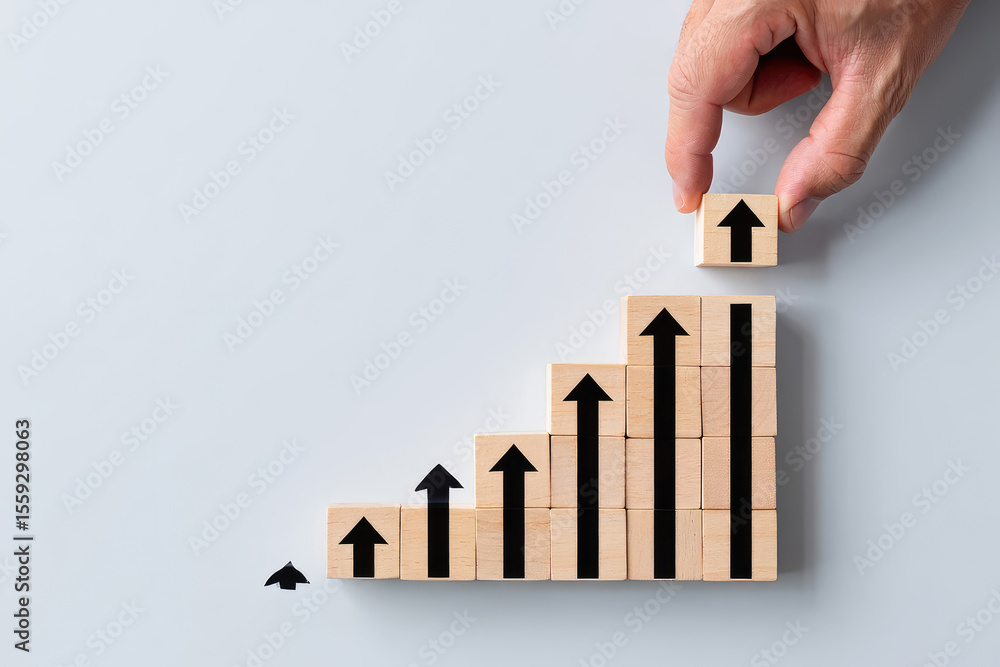 Poster strategic growth planning a hand placing a wooden block with an arrow on top of a stacked bar graph 