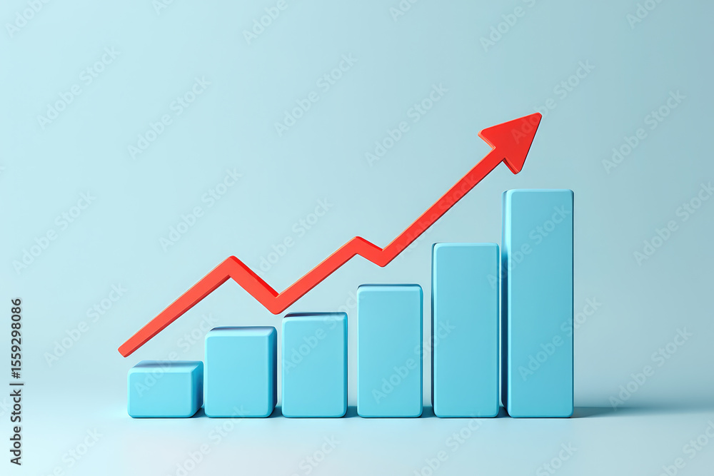 Poster illustrating economic progress a 3d render of a bar graph with an ascending arrow symbolizing financ