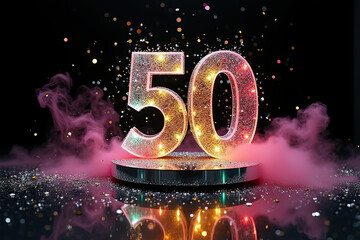 A surreal, photorealistic 3D scene featuring a towering number 50 sculpted entirely from glossy, candy-coated material, swirled in vibrant pink and creamy white. The number stands at the center of a 