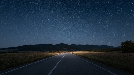 Fototapeta premium Road stretches towards distant hills under a starry night sky.