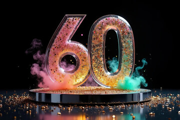 A surreal, photorealistic 3D scene featuring a towering number 60 sculpted entirely from glossy, candy-coated material, swirled in vibrant pink and creamy white. The number stands at the center of a 