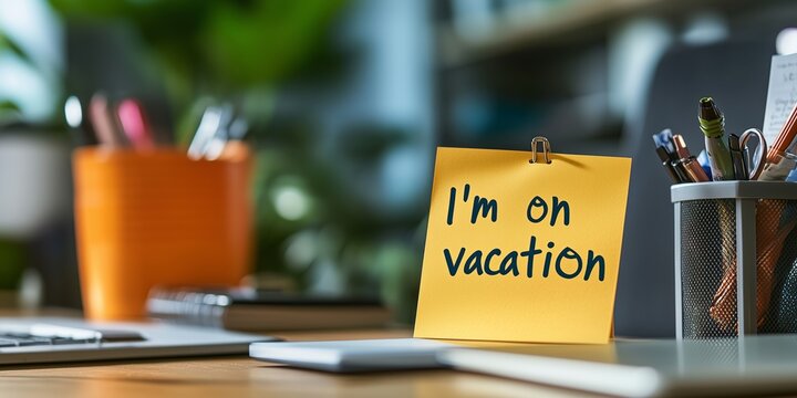 Close-up of a bright yellow note saying I'm on vacation, placed on a cluttered wooden desk filled with paper scraps and office supplies, lit by natural sunlight