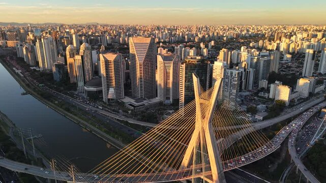 Aerial view of Oct&aacute;vio Frias de Oliveira Bridge and Marginal Pinheiros Avenue - S&atilde;o Paulo, Brazil
