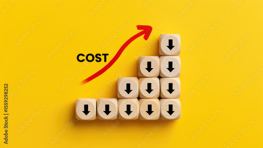 Poster navigating cost reduction a visual depiction of decreasing expenses with wooden blocks featuring dow
