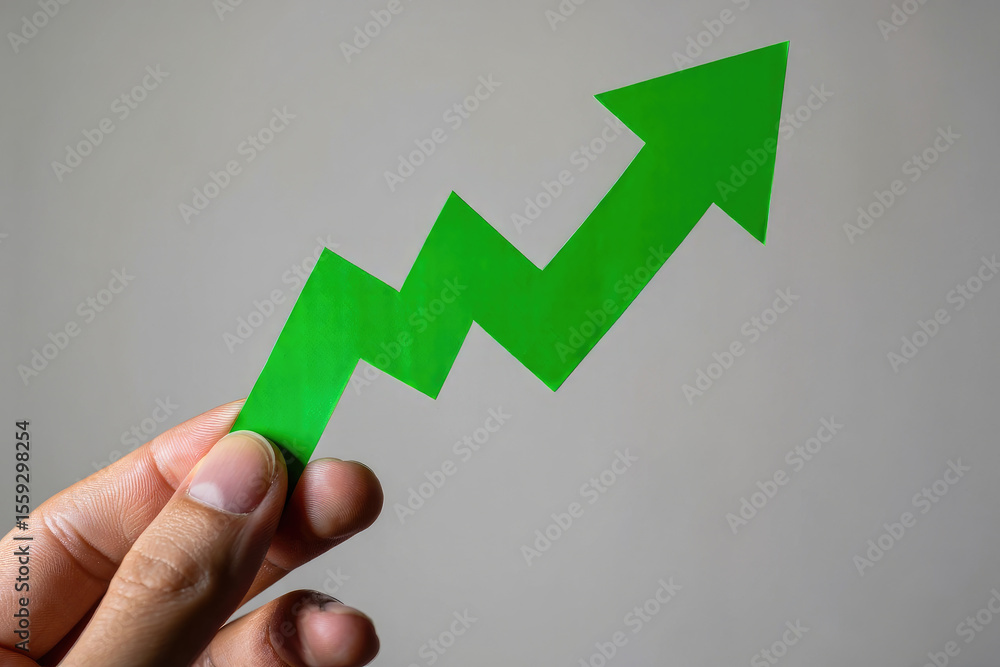Poster pointing towards growth a hand holding a green arrow symbolizing progress and positive direction aga