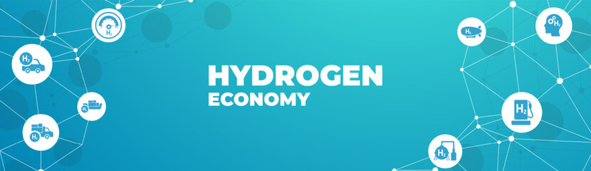 Hydrogen economy vector illustration. Concept with connected icons related to hydrogen use as fuel, in industrial processes, hydrogen storage and transport.