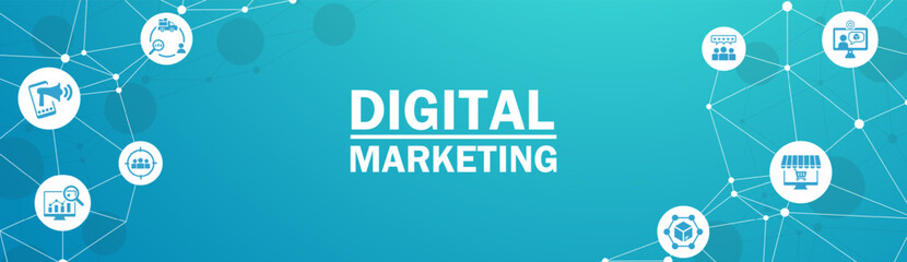 Digital marketing. Containing SEO, content, website, social media, sales and online advertising. Solid vector symbol collection.