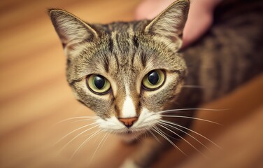 Cat owner bonding with friendly feline in a cozy home setting