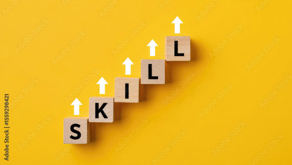 Poster elevate your expertise a conceptual image displaying skill development and growth through wooden blo