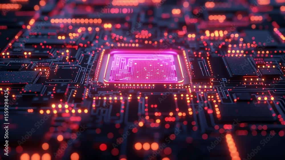 Wall mural explore the vibrant world of computer circuitry with glowing elements and intricate designs
