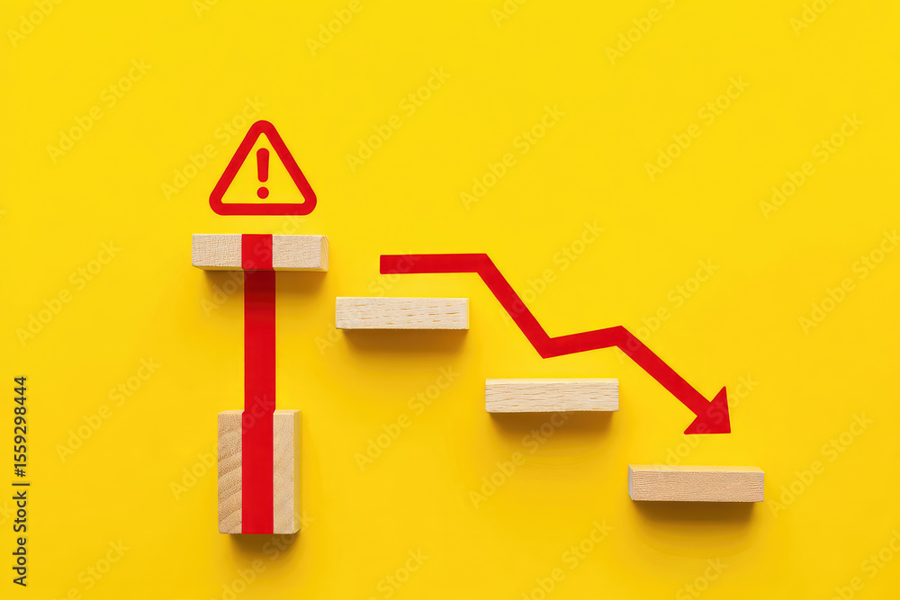 Poster navigating risk a conceptual image illustrating potential downfall and danger with wooden blocks arr