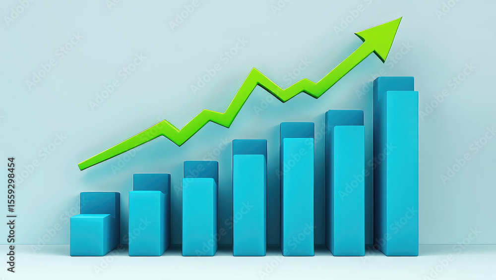 Poster visualizing growth a bar graph with a green arrow ascending against a light blue background represen
