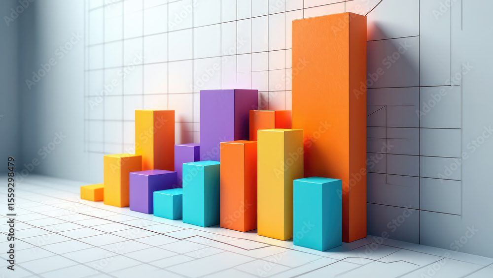 Poster colorful bar graph on grid background displaying data and statistics with varying heights representi
