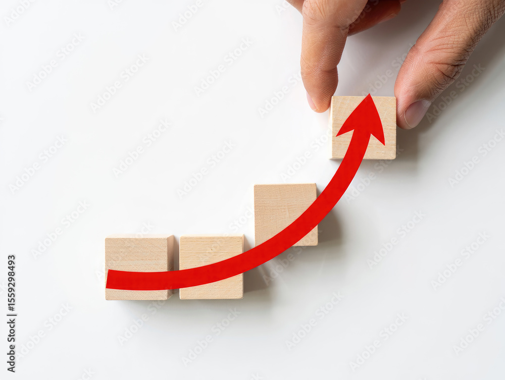 Poster hand placing wooden block with upward arrow on stack representing growth and progress in business an