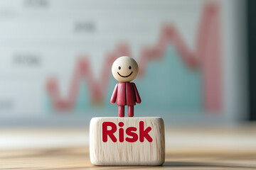Risk and reward: A toy figure stands on a block labeled 'Risk' against a financial graph, representing potential gains and challenges.