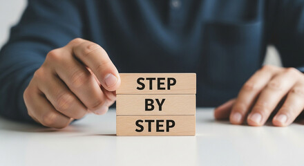 Step by step guide to success concept with wooden blocks and hand for business and personal growth plan