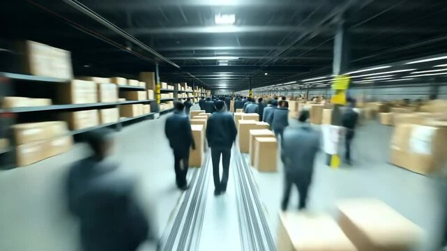 Photorealistic scene depicting a chaotic yet organized atmosphere in a bustling warehouse during Black Friday. Tension and urgency fill the air as shoppers navigate through aisles.