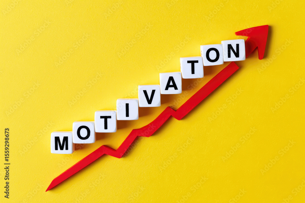 Poster elevated motivation concept displayed with lettered blocks arranged on a red arrow symbolizing progr