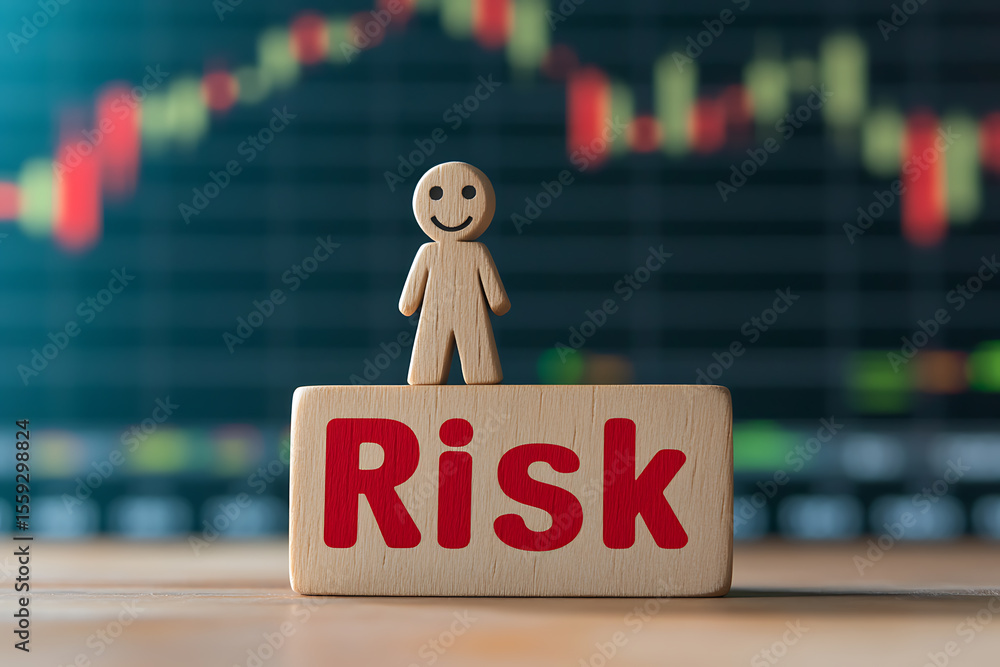 Poster navigating risk: a smiling wooden figure stands atop a block labeled 'risk', symbolizing confidence 