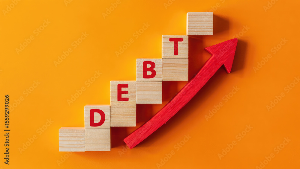 Poster escalating liabilities a conceptual image representing debt accumulation through stacked wooden bloc